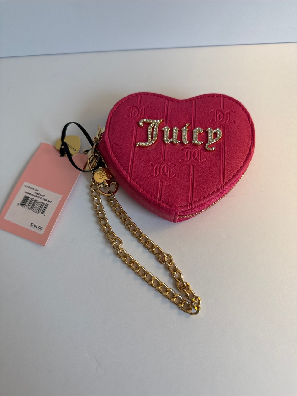 Juicy Couture Hot Pink Quilted Heart Coin Pouch with Gold Chain
